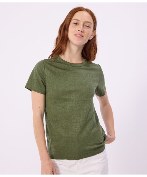 PETIT BATEAU（プチバトー）の「リネン半袖Ｔシャツ（Tシャツ/カットソー・レディース・ライトブルー/カーキ/オレンジ・X-SMALL/SMALL/MEDIUM/LARGE）」の2枚目の写真