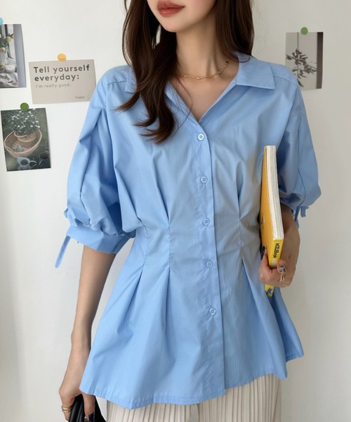 Eclat one(エクラワン)の「きゅっとウエストマーク。袖リボン付ボリュームスリーブシャツブラウス(シャツ/ブラウス・レディース・ブルー/ホワイト/ブラック・FREE)」の18枚目の写真