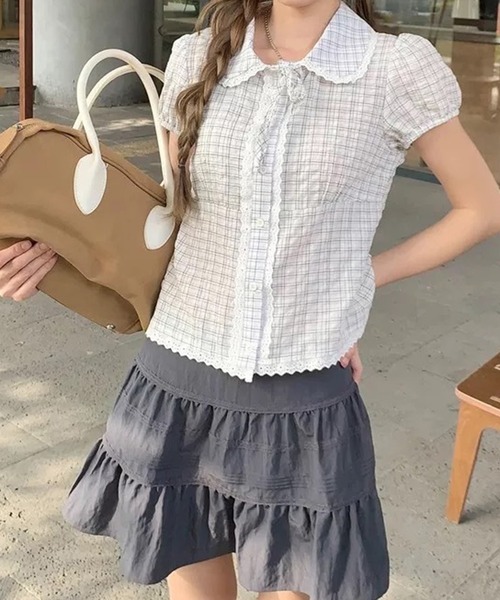 LYEON(リヨン)の「レーストリミングチェックブラウス(Tシャツ/カットソー・レディース・ネイビー/オフホワイト・FREE)」の9枚目の写真