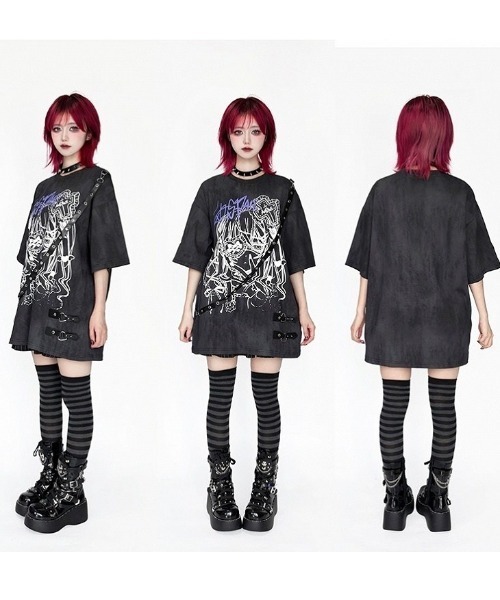 NOVESSEL(ノベセル)の「『AOSPACE/アオスペース』ベルト付き眼帯少女プリントTシャツ(Tシャツ/カットソー・レディース・ブラック/ホワイト・FREE)」の5枚目の写真