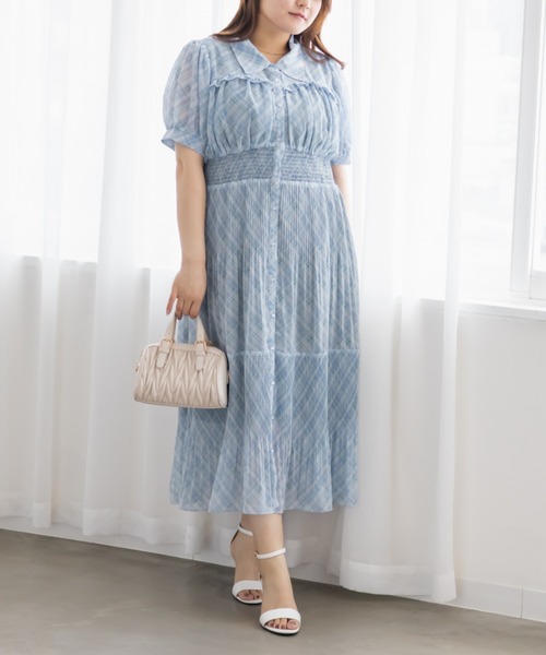 CLETTE(クレット)の「シアーチェックプリーツワンピース(ワンピース・レディース・ラベンダー/ブルー/ベージュ・3L/4L/LL)」の15枚目の写真