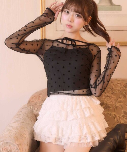 Belle Charme(ベルシャルム)の「【Belle Charme】Dot Sheer Tops(Tシャツ/カットソー・レディース・ベージュ/ブラック・FREE)」の1枚目の写真
