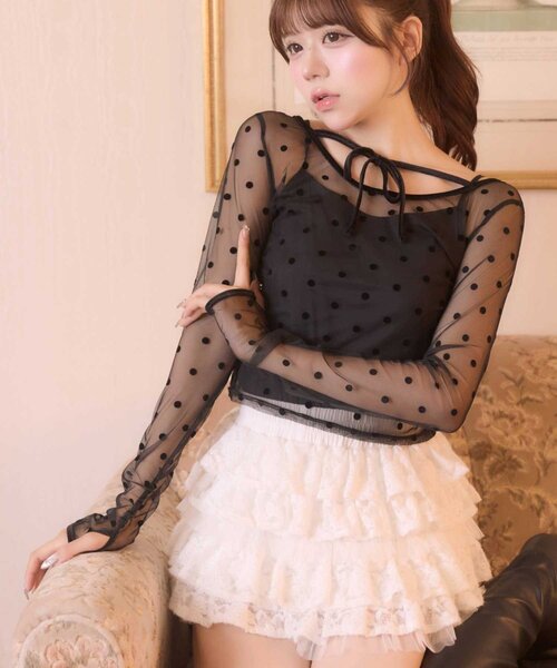 Belle Charme(ベルシャルム)の「【Belle Charme】Dot Sheer Tops(Tシャツ/カットソー・レディース・ベージュ/ブラック・FREE)」の3枚目の写真