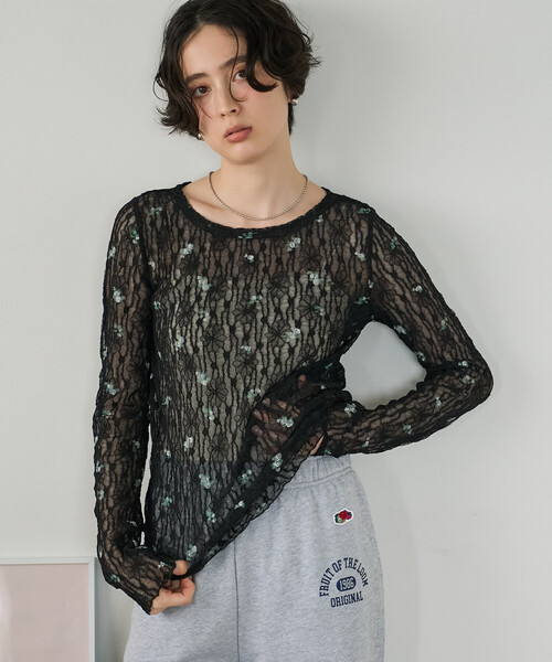 FREAK'S STORE（フリークスストア）の「ストレッチレース フラワーカットソー/シアーカットソー（Tシャツ/カットソー・レディース・ブラック/オフホワイト・ﾌﾘ-）」の2枚目の写真