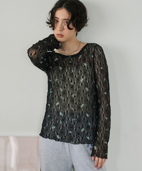 FREAK'S STORE（フリークスストア）の「ストレッチレース フラワーカットソー/シアーカットソー（Tシャツ/カットソー・レディース・ブラック/オフホワイト・ﾌﾘ-）」の7枚目の写真