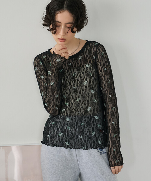 FREAK'S STORE（フリークスストア）の「ストレッチレース フラワーカットソー/シアーカットソー（Tシャツ/カットソー・レディース・ブラック/オフホワイト・ﾌﾘ-）」の8枚目の写真