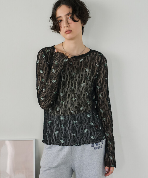 FREAK'S STORE（フリークスストア）の「ストレッチレース フラワーカットソー/シアーカットソー（Tシャツ/カットソー・レディース・ブラック/オフホワイト・ﾌﾘ-）」の9枚目の写真