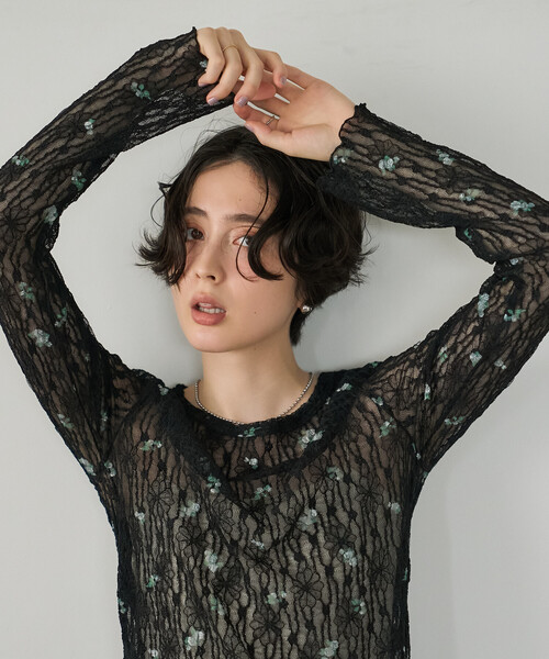 FREAK'S STORE（フリークスストア）の「ストレッチレース フラワーカットソー/シアーカットソー（Tシャツ/カットソー・レディース・ブラック/オフホワイト・ﾌﾘ-）」の10枚目の写真