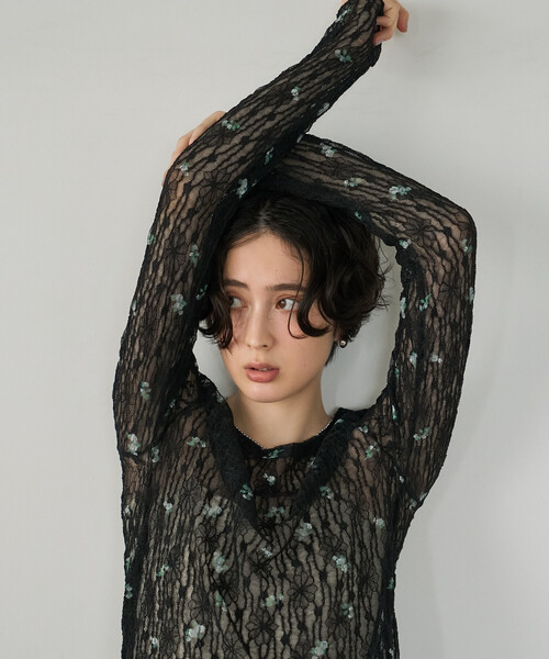 FREAK'S STORE（フリークスストア）の「ストレッチレース フラワーカットソー/シアーカットソー（Tシャツ/カットソー・レディース・ブラック/オフホワイト・ﾌﾘ-）」の11枚目の写真