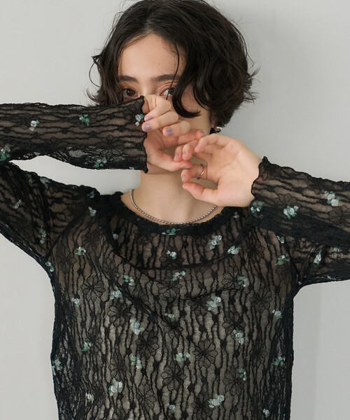 FREAK'S STORE（フリークスストア）の「ストレッチレース フラワーカットソー/シアーカットソー（Tシャツ/カットソー・レディース・ブラック/オフホワイト・ﾌﾘ-）」の12枚目の写真