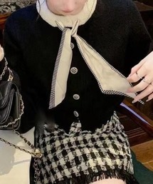 バイカラー配色タイ付きニットカーデ