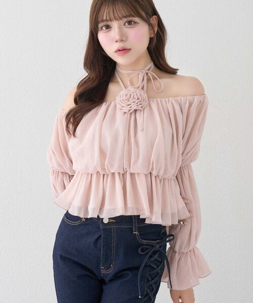 Belle Charme(ベルシャルム)の「【Belle Charme】Rose Corsage Balloon Blouse(シャツ/ブラウス・レディース・ピンク/ブラウン/オフホワイト・FREE)」の1枚目の写真
