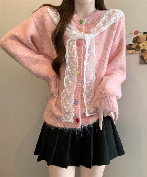 LUCPY（ラクピー）の「レースセーラー カラーボタンニットカーディガン（カーディガン/ボレロ・レディース・ピンク/グレー/ホワイト・FREE）」の3枚目の写真
