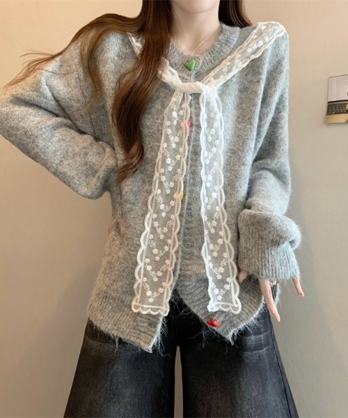 LUCPY（ラクピー）の「レースセーラー カラーボタンニットカーディガン（カーディガン/ボレロ・レディース・ピンク/グレー/ホワイト・FREE）」の5枚目の写真