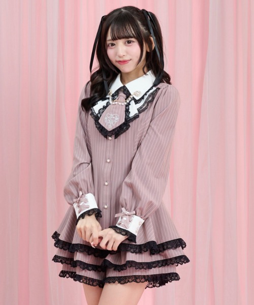 Secret Honey(シークレットハニー)の「ラッフルネクタイ長袖セットアップ(セットアップ・レディース・ブラック/ピンク/グレー・MEDIUM)」の1枚目の写真