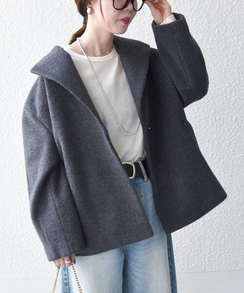 SHIPS any(シップス エニィ)の「【cahoさんコラボ/低身長/小柄女性】ウール ミックス カラー ショート コート(ステンカラーコート・レディース・チャコールグレー/ライトグレー/ブラック・XS/XXS)」の12枚目の写真