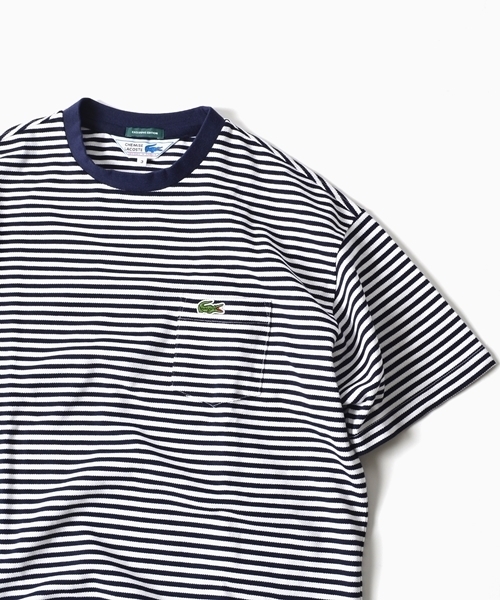 LACOSTE(ラコステ)の「LACOSTE(ラコステ):【SHIPS別注】ドロップテイル ビッグ ポケット Tシャツ(Tシャツ/カットソー)」|ホワイト×ネイビー