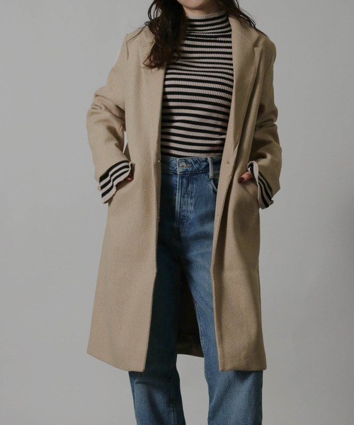 Social GIRL（ソーシャルガール）の「【別注】ニットモッサ セミロング チェスターコート ロングコート（チェスターコート・レディース・ブラウン/ブラック/チャコールグレー/ライトグレー/コーラル/ネイビー/サックスブルー/マスタード/ブルー/モカ/ベージュ/グレイッシュベージュ/アイボリー/ピンクベージュ/ブラウン系その他/ホワイト系その他/ベージュ系その他・3L/LARGE/MEDIUM/SMALL/X-LARGE）」の10枚目の写真