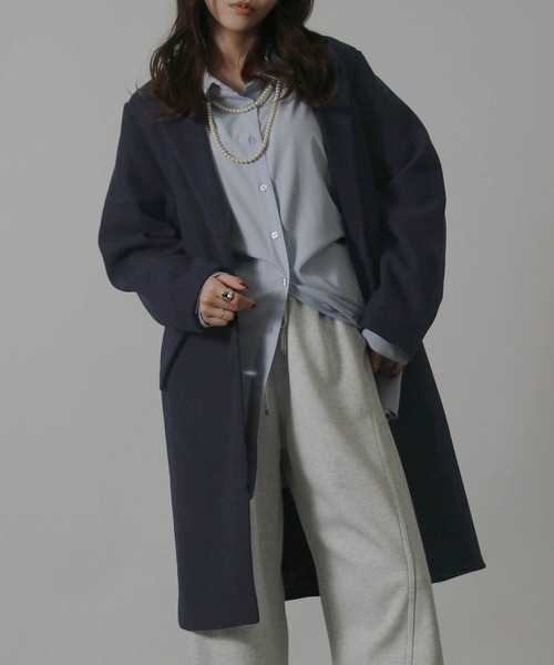 Social GIRL（ソーシャルガール）の「【別注】ニットモッサ セミロング チェスターコート ロングコート（チェスターコート・レディース・ブラウン/ブラック/チャコールグレー/ライトグレー/コーラル/ネイビー/サックスブルー/マスタード/ブルー/モカ/ベージュ/グレイッシュベージュ/アイボリー/ピンクベージュ/ブラウン系その他/ホワイト系その他/ベージュ系その他・3L/LARGE/MEDIUM/SMALL/X-LARGE）」の12枚目の写真