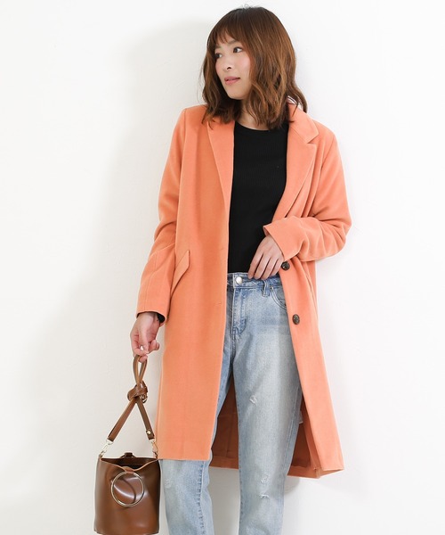 Social GIRL（ソーシャルガール）の「【別注】ニットモッサ セミロング チェスターコート ロングコート（チェスターコート・レディース・ブラウン/ブラック/チャコールグレー/ライトグレー/コーラル/ネイビー/サックスブルー/マスタード/ブルー/モカ/ベージュ/グレイッシュベージュ/アイボリー/ピンクベージュ/ブラウン系その他/ホワイト系その他/ベージュ系その他・3L/LARGE/MEDIUM/SMALL/X-LARGE）」の17枚目の写真