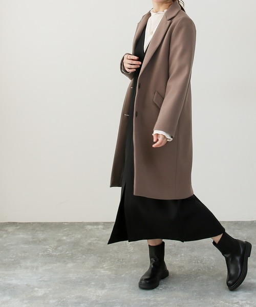 Social GIRL（ソーシャルガール）の「【別注】ニットモッサ セミロング チェスターコート ロングコート（チェスターコート・レディース・ブラウン/ブラック/チャコールグレー/ライトグレー/コーラル/ネイビー/サックスブルー/マスタード/ブルー/モカ/ベージュ/グレイッシュベージュ/アイボリー/ピンクベージュ/ブラウン系その他/ホワイト系その他/ベージュ系その他・3L/LARGE/MEDIUM/SMALL/X-LARGE）」の7枚目の写真