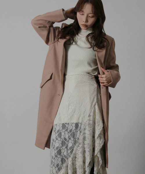 Social GIRL（ソーシャルガール）の「【別注】ニットモッサ セミロング チェスターコート ロングコート（チェスターコート・レディース・ブラウン/ブラック/チャコールグレー/ライトグレー/コーラル/ネイビー/サックスブルー/マスタード/ブルー/モカ/ベージュ/グレイッシュベージュ/アイボリー/ピンクベージュ/ブラウン系その他/ホワイト系その他/ベージュ系その他・3L/LARGE/MEDIUM/SMALL/X-LARGE）」の22枚目の写真