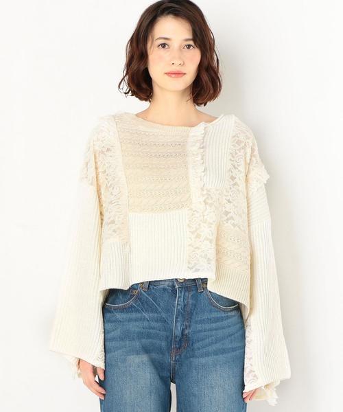 Another Edition（アナザーエディション）の「レース×ケーブル パッチワークプルオーバー（ニット/セーター・レディース・オフホワイト/ライトブルー・FREE）」の4枚目の写真