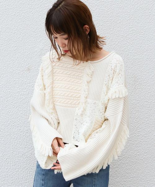 Another Edition（アナザーエディション）の「レース×ケーブル パッチワークプルオーバー（ニット/セーター・レディース・オフホワイト/ライトブルー・FREE）」の17枚目の写真