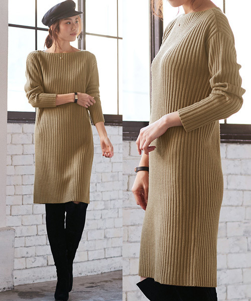 Pierrot(ピエロ)の「ボートネック リブ編み ニットワンピース(ワンピース・レディース・ブラック/グレイッシュベージュ/キャメル/杢グレー/アイボリー/ブラウン/ネイビー・M/L)」の21枚目の写真