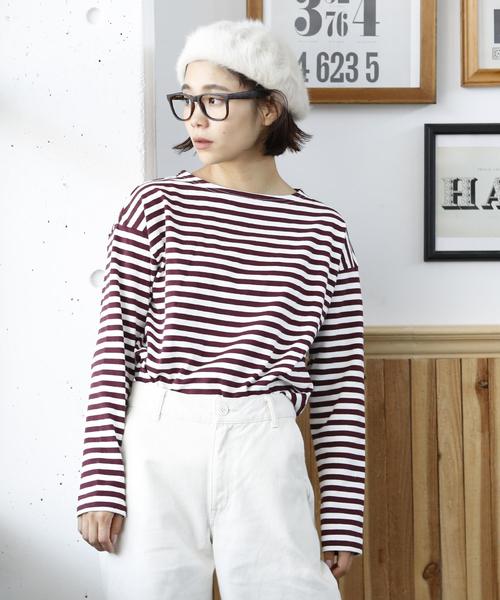 coen（コーエン）の「【WEB限定・新色登場・追加生産決定】天竺ボーダー ボートネックプルオーバー（Tシャツ/カットソー・レディース・ワインレッド/パープル/ブラック/グリーン・MEDIUM/LARGE）」の18枚目の写真