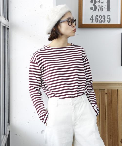 coen（コーエン）の「【WEB限定・新色登場・追加生産決定】天竺ボーダー ボートネックプルオーバー（Tシャツ/カットソー・レディース・ワインレッド/パープル/ブラック/グリーン・MEDIUM/LARGE）」の8枚目の写真