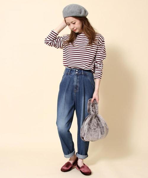 coen（コーエン）の「【WEB限定・新色登場・追加生産決定】天竺ボーダー ボートネックプルオーバー（Tシャツ/カットソー・レディース・ワインレッド/パープル/ブラック/グリーン・MEDIUM/LARGE）」の9枚目の写真