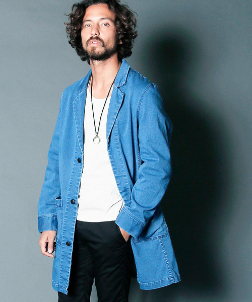 Magine（マージン）の「STRETCH KNIT DENIM CHESTER FIELD COAT:ストレッチニットデニム チェスターフィールドコート（デニムジャケット・メンズ・インディゴブルー/ライトブルー・44/46/48）」の2枚目の写真