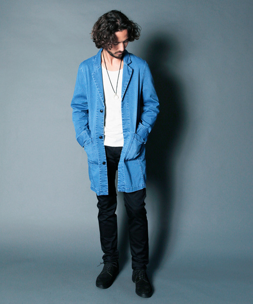 Magine（マージン）の「STRETCH KNIT DENIM CHESTER FIELD COAT:ストレッチニットデニム チェスターフィールドコート（デニムジャケット・メンズ・インディゴブルー/ライトブルー・44/46/48）」の5枚目の写真