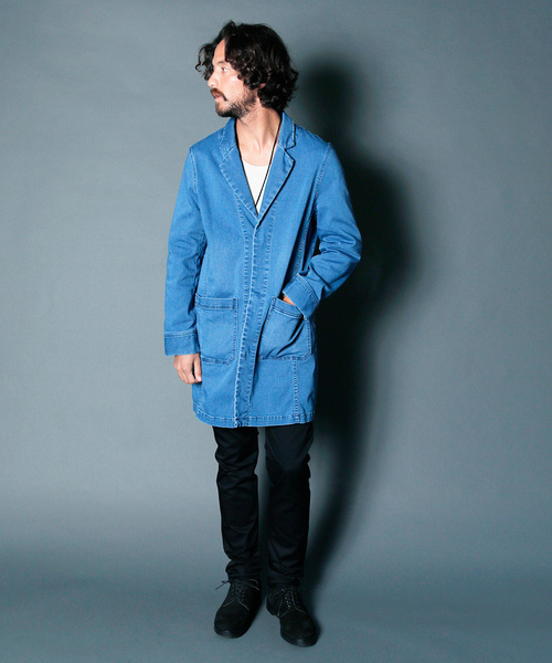 STRETCH KNIT DENIM CHESTER FIELD COAT:ストレッチニットデニム チェスターフィールドコート STRETCH KNIT DENIM CHESTER FIELD COAT:ストレッチニットデニム チェスターフィールドコート