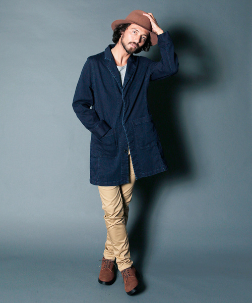 STRETCH KNIT DENIM CHESTER FIELD COAT:ストレッチニットデニム チェスターフィールドコート STRETCH KNIT DENIM CHESTER FIELD COAT:ストレッチニットデニム チェスターフィールドコート