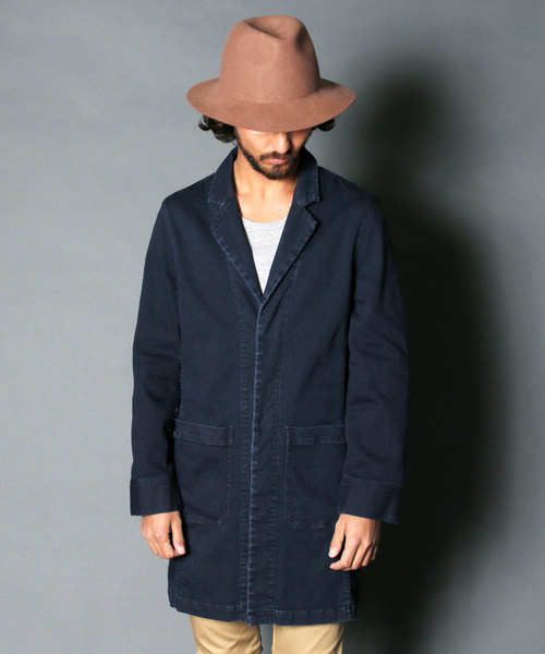 STRETCH KNIT DENIM CHESTER FIELD COAT:ストレッチニットデニム チェスターフィールドコート STRETCH KNIT DENIM CHESTER FIELD COAT:ストレッチニットデニム チェスターフィールドコート
