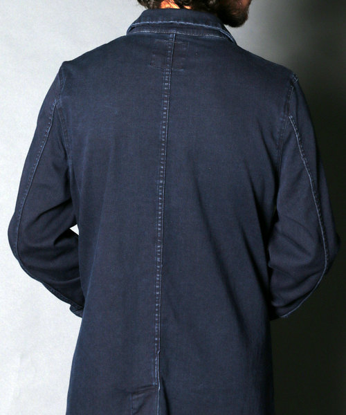 STRETCH KNIT DENIM CHESTER FIELD COAT:ストレッチニットデニム チェスターフィールドコート STRETCH KNIT DENIM CHESTER FIELD COAT:ストレッチニットデニム チェスターフィールドコート