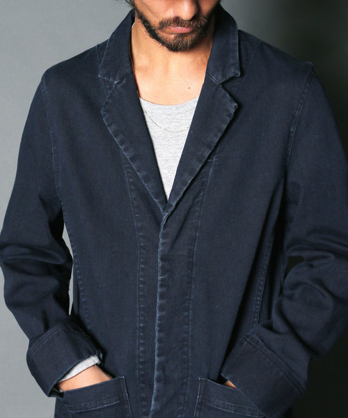 Magine（マージン）の「STRETCH KNIT DENIM CHESTER FIELD COAT:ストレッチニットデニム チェスターフィールドコート（デニムジャケット・メンズ・インディゴブルー/ライトブルー・44/46/48）」の22枚目の写真