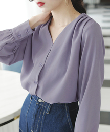 Futier land | 【シワになりにくい・速乾性あり】ショルダータックVネックノーカラーブラウス(シャツ/ブラウス)