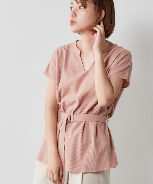 cepo(セポ)の「キーネックベルトツキTシャツ(Tシャツ/カットソー・レディース・ブラック/オフホワイト/ピンク/ベージュ・M)」の4枚目の写真