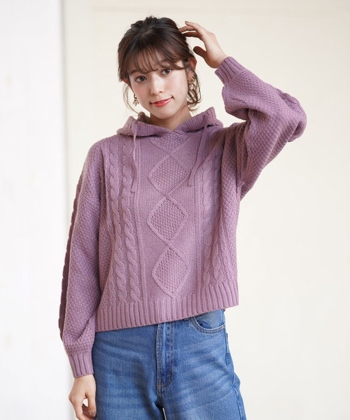 rps（アールピーエス）の「ケーブル編みニットパーカー（ニット/セーター・レディース・ベージュ/ネイビー/アイボリー/ラベンダー・M）」の12枚目の写真