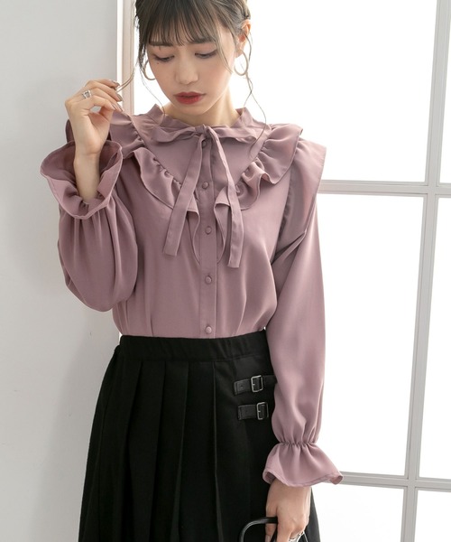 Newlyme(ニューリーミー)の「ラッフルフリルボウタイブラウス(シャツ/ブラウス・レディース・モスグリーン/ホワイト/ブラック/ベージュ/ミント/ピンク/ブラック系その他/ベージュ系その他/グリーン系その他/ブラック系その他2/パープル/グレー・X-LARGE/XX-LARGE/SMALL/MEDIUM/LARGE)」の11枚目の写真