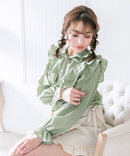 Newlyme(ニューリーミー)の「ラッフルフリルボウタイブラウス(シャツ/ブラウス・レディース・モスグリーン/ホワイト/ブラック/ベージュ/ミント/ピンク/ブラック系その他/ベージュ系その他/グリーン系その他/ブラック系その他2/パープル/グレー・X-LARGE/XX-LARGE/SMALL/MEDIUM/LARGE)」の10枚目の写真