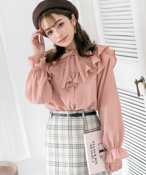 Newlyme(ニューリーミー)の「ラッフルフリルボウタイブラウス(シャツ/ブラウス・レディース・モスグリーン/ホワイト/ブラック/ベージュ/ミント/ピンク/ブラック系その他/ベージュ系その他/グリーン系その他/ブラック系その他2/パープル/グレー・X-LARGE/XX-LARGE/SMALL/MEDIUM/LARGE)」の12枚目の写真