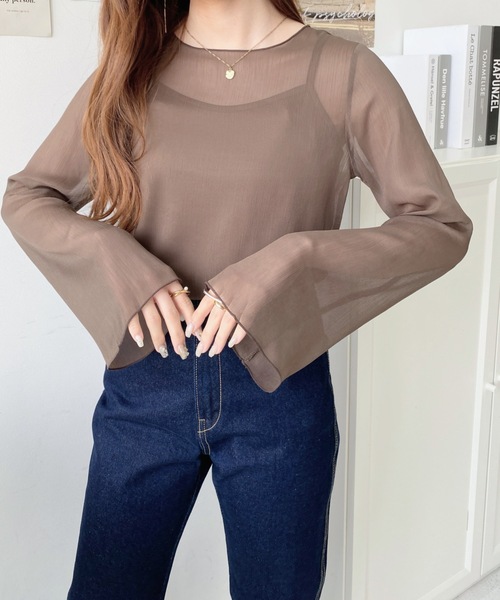 moment+（モーメントプラス）の「【累計販売枚数6万枚突破！】インナーキャミ付き長袖メロウ楊柳シアーブラウス（シャツ/ブラウス・レディース・ブラック/パープル/グレイッシュベージュ/ブルー/グリーン/ブラウン/ライトグリーン/オフホワイト/ピンクベージュ/ライトパープル/カーキ・M/L）」の12枚目の写真