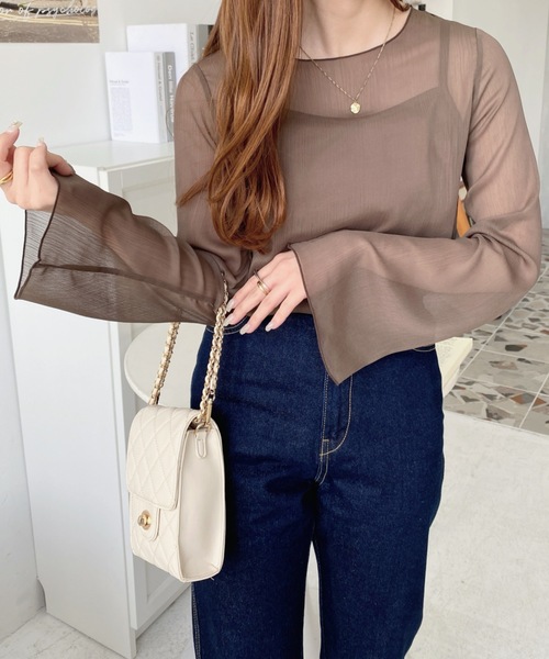 moment+（モーメントプラス）の「【累計販売枚数6万枚突破！】インナーキャミ付き長袖メロウ楊柳シアーブラウス（シャツ/ブラウス・レディース・ブラック/パープル/グレイッシュベージュ/ブルー/グリーン/ブラウン/ライトグリーン/オフホワイト/ピンクベージュ/ライトパープル/カーキ・M/L）」の15枚目の写真