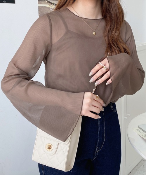 moment+（モーメントプラス）の「【累計販売枚数6万枚突破！】インナーキャミ付き長袖メロウ楊柳シアーブラウス（シャツ/ブラウス・レディース・ブラック/パープル/グレイッシュベージュ/ブルー/グリーン/ブラウン/ライトグリーン/オフホワイト/ピンクベージュ/ライトパープル/カーキ・M/L）」の20枚目の写真