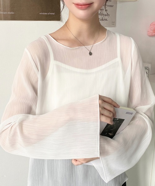 moment+（モーメントプラス）の「【累計販売枚数6万枚突破！】インナーキャミ付き長袖メロウ楊柳シアーブラウス（シャツ/ブラウス・レディース・ブラック/パープル/グレイッシュベージュ/ブルー/グリーン/ブラウン/ライトグリーン/オフホワイト/ピンクベージュ/ライトパープル/カーキ・M/L）」の22枚目の写真