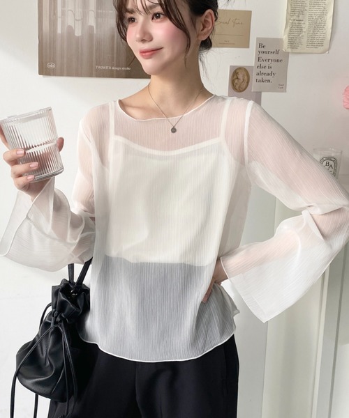 moment+（モーメントプラス）の「【累計販売枚数6万枚突破！】インナーキャミ付き長袖メロウ楊柳シアーブラウス（シャツ/ブラウス・レディース・ブラック/パープル/グレイッシュベージュ/ブルー/グリーン/ブラウン/ライトグリーン/オフホワイト/ピンクベージュ/ライトパープル/カーキ・M/L）」の21枚目の写真